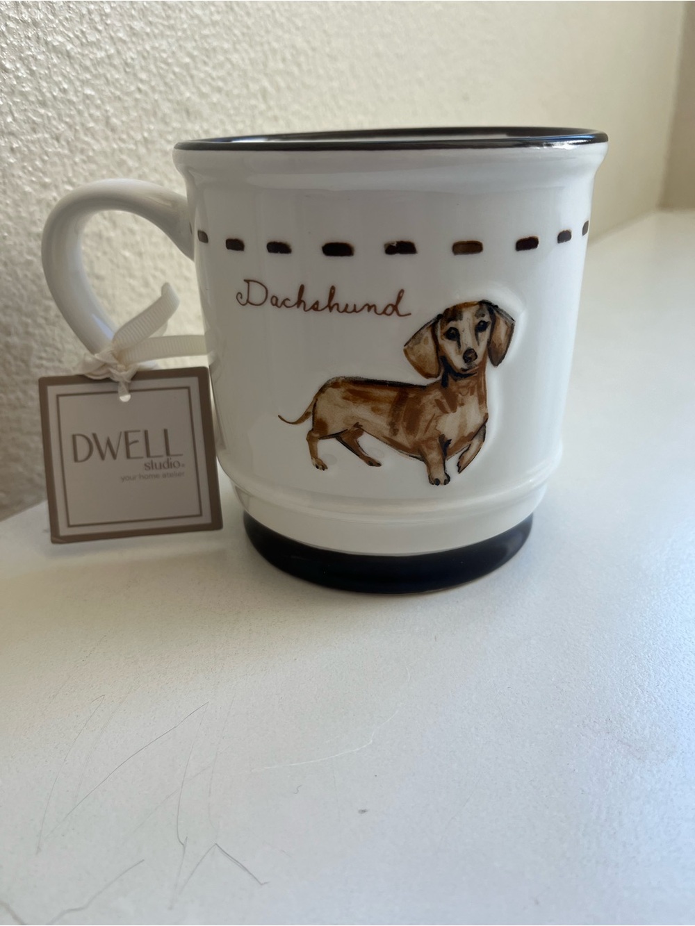 dwell Dachshund Ceramic Mug - White with Brown and Black Accents